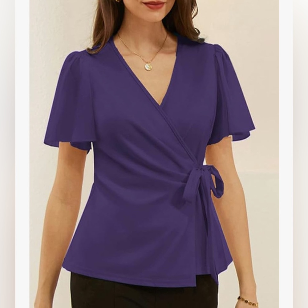 Grace Karin V-Neck Purple Blouse with Tie-Front 1x/xxl